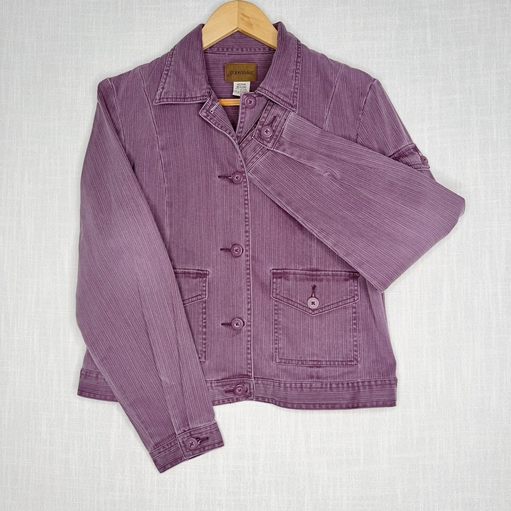 St Johns Bay Womens Jacket Cotton Button Blazer 3 Pocket plum purple Sz Medium